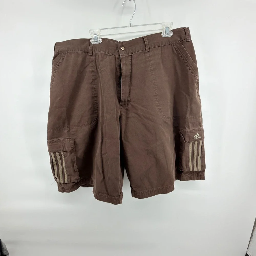 Vintage adidas Mens Brown Cargo Shorts 2XL Y2K 3-Stripes Heavyweight Cotton 2007